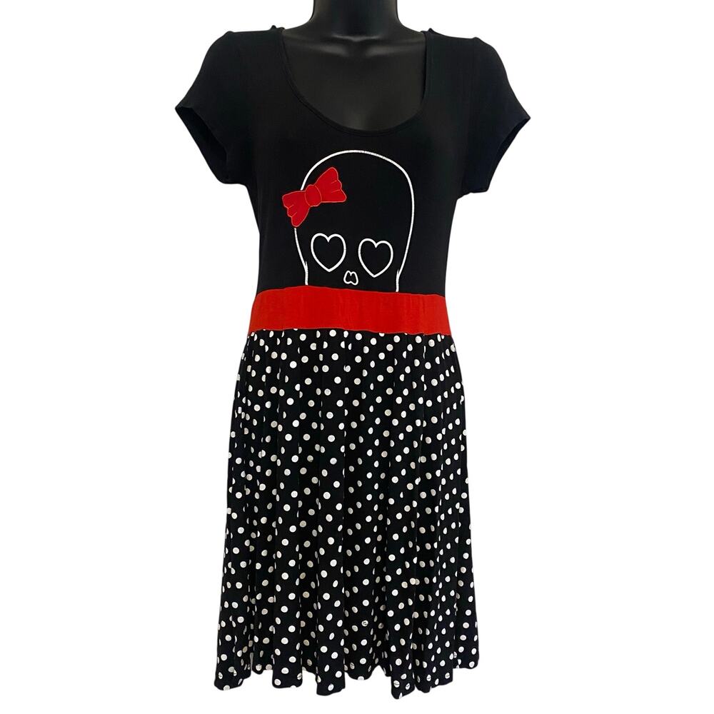 Sourpuss Hunny Lulu Dress Womens Sz Medium Skull Punk Pinup Retro Polka Dot